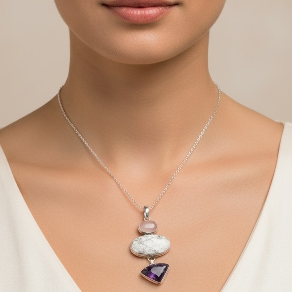 Sterling Silver Howlite Rose Quartz Necklace Charm Pendant Boho Gift